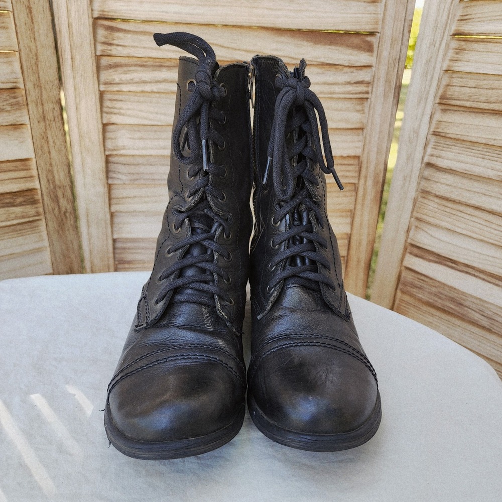 Steve Madden Sz 9M Black Leather Troopa Lace Up Combat Boots Side Zip Cap Toe - Picture 2 of 8